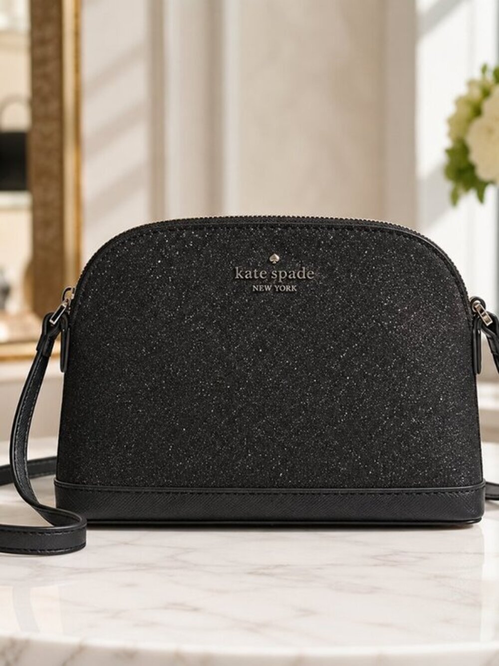 Kate Spade Black Glitter Crossbody Bag Saffiano Trim Adjustable Strap NWT